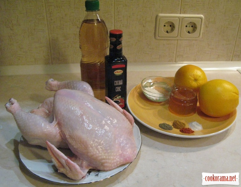 Запеченая курица в соево-медовом соусе с апельсинами