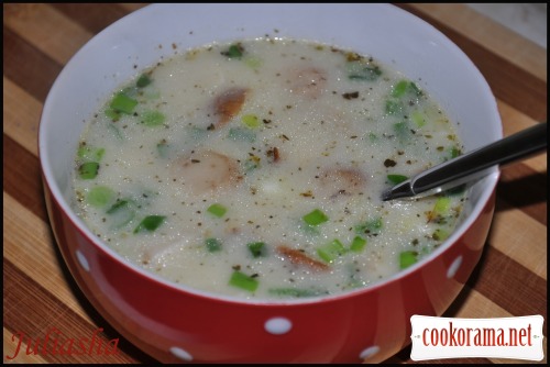 Potato and cheese cream soup with white mushrooms