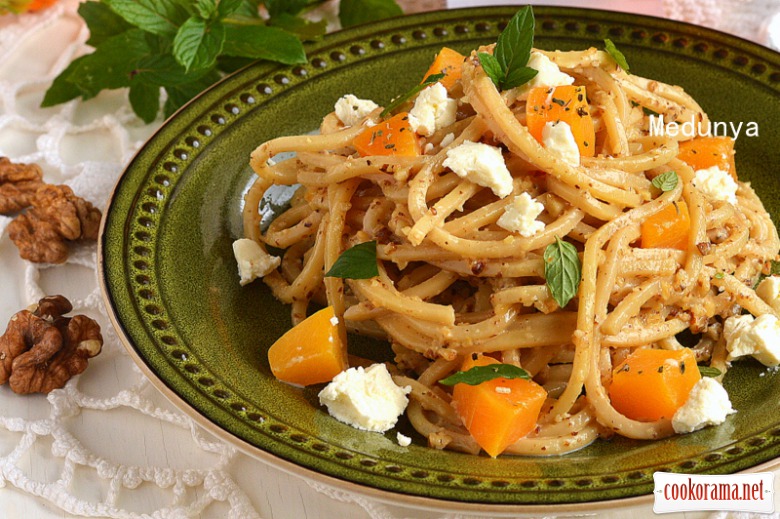 Spaghetti in a creamy-nut sauce with roasted pumpkin and feta