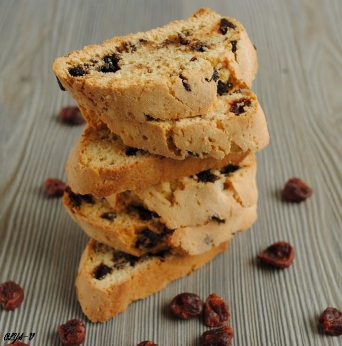 Biscotti with dried cherries and chocolate crumbs