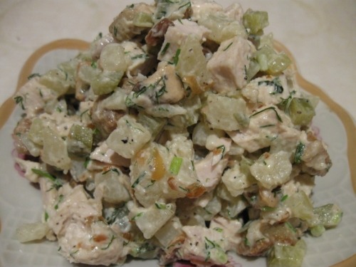 Salad from chicken and white mushrooms