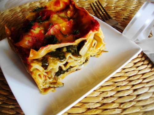 Lasagna with spinach and mushrooms