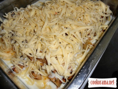 Cannelloni filled with meat stuffing, baked with mushrooms and cheese