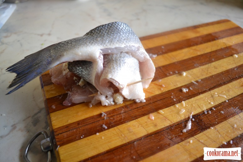 Sea bass baked with parmesan and Dor Blue.