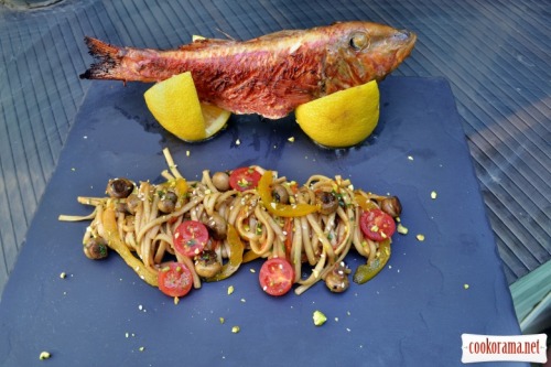 Asian style red mullet with noodles