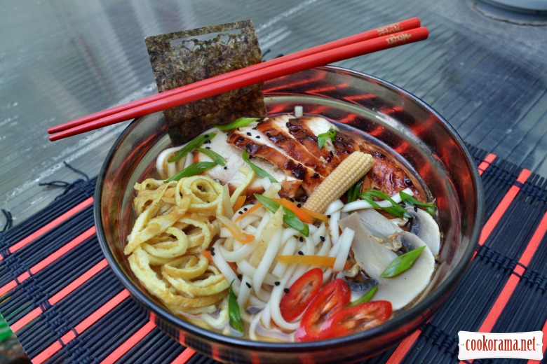 Japanese soup ramen, on triple broth, with hoisin chicken