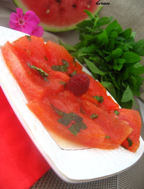 Fried watermelon with honey and mint