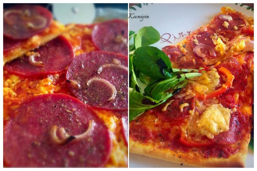 Salamipizza / Піца з салямі, червоною цибулею і солодким перцем
